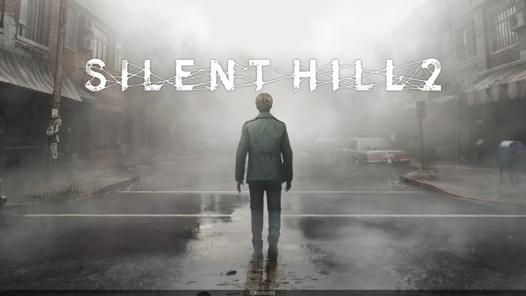 The title card for Silent Hill 2 shows James walking into the fog.