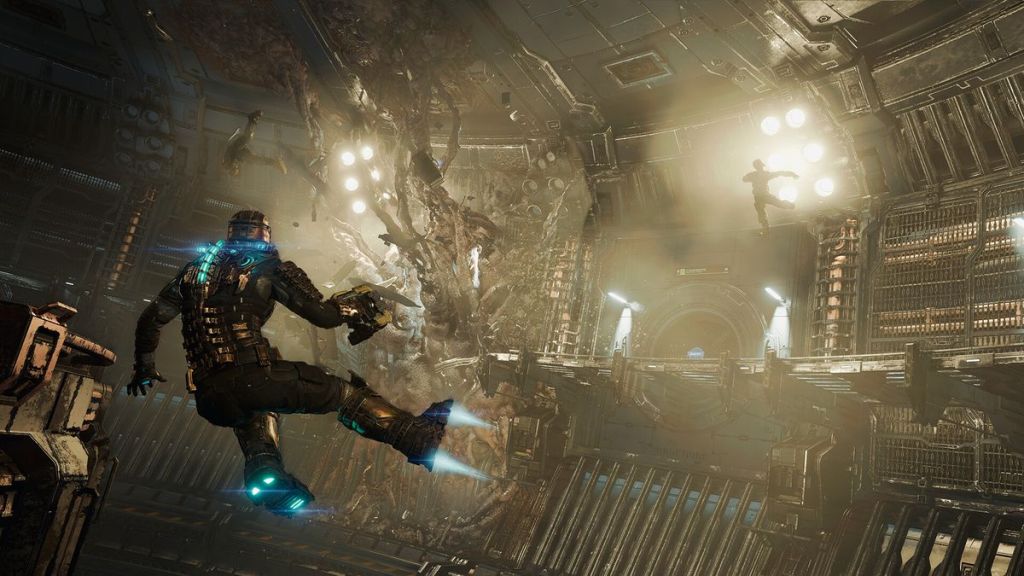 Isaac from Dead Space in zero-gravity shooting a tentacled monster
