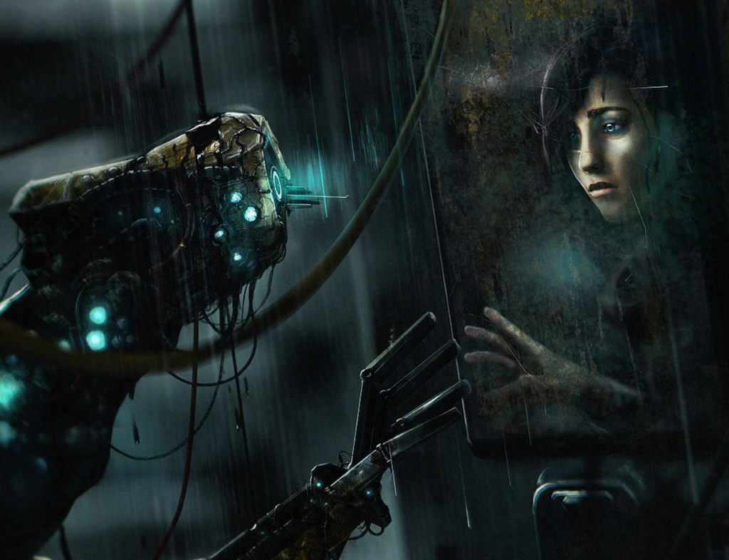 A robot looks at its reflection, which looks like a human face.